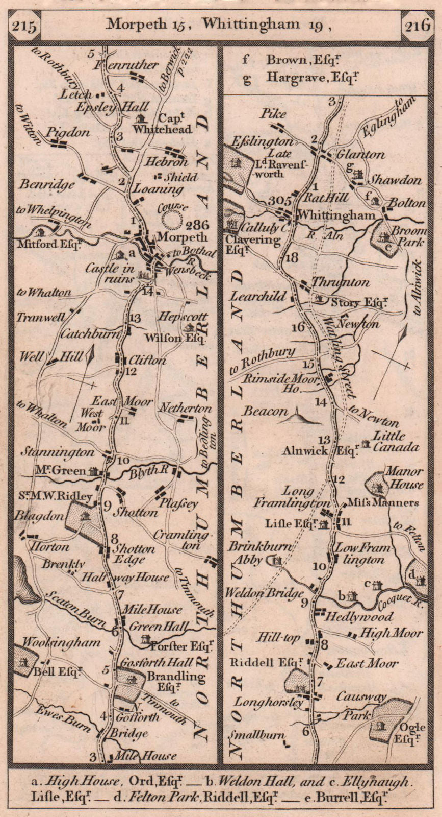 Morpeth - Whittingham road strip map PATERSON 1803 old antique plan chart